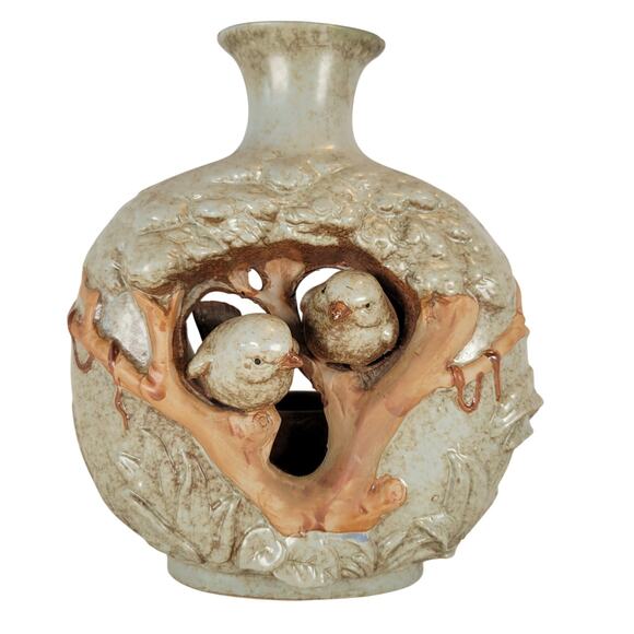Rustic Ceramic Vase Tree Trunk Birds 9" Tall Votive Holder Decor Vintage Finch - Picture 1 of 16